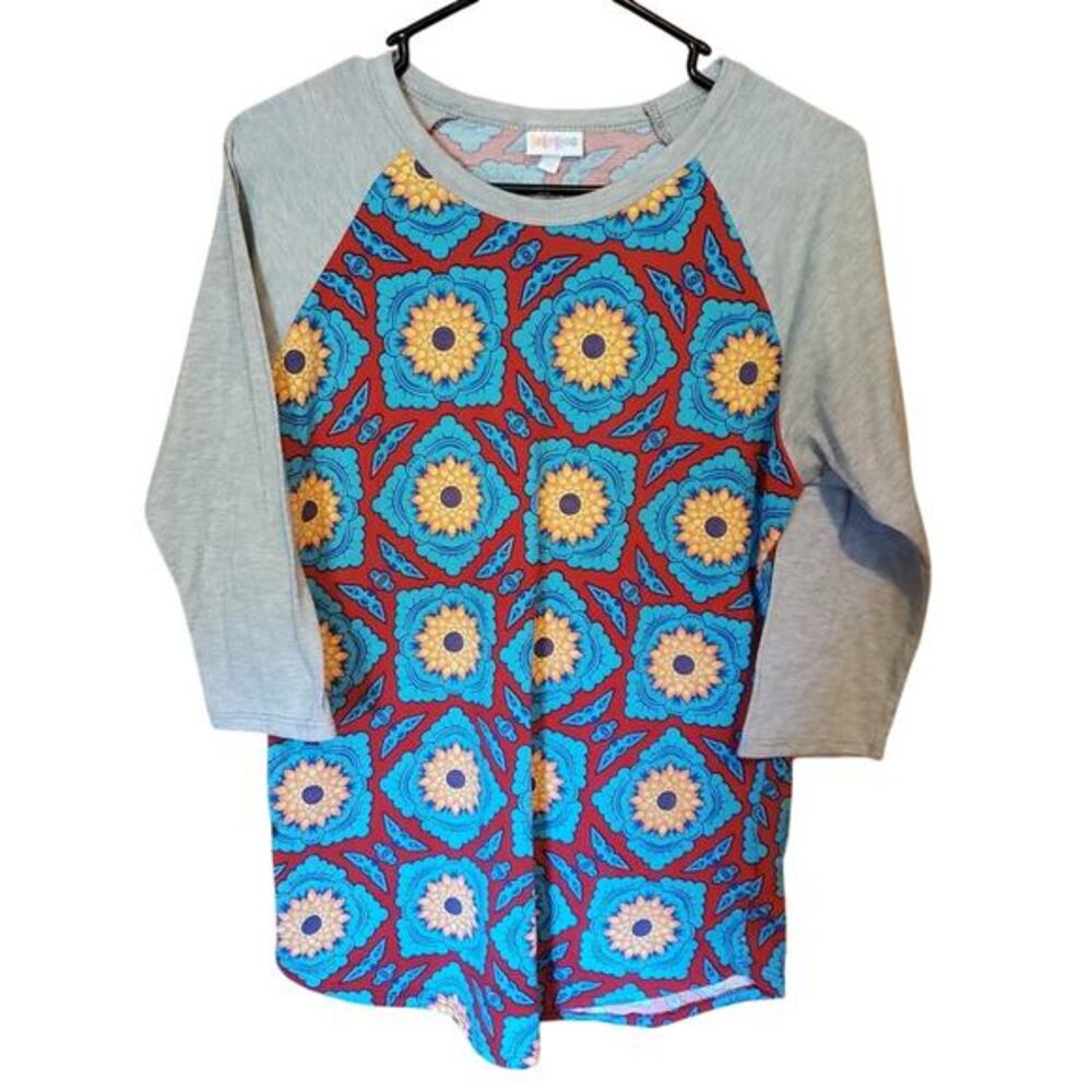 LuLaRoe Randy Runic Top Womens Sz M 3/4 Sleeve Sunflowers Floral Shirt Tee